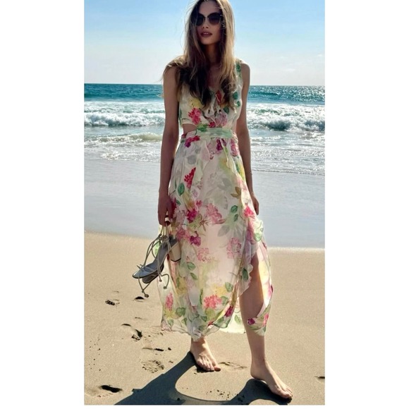 Zara Dresses & Skirts - Zara Floral Cut-Out Midi Dress XL Cream Pink New Ruffle V-Neck Fairycore party